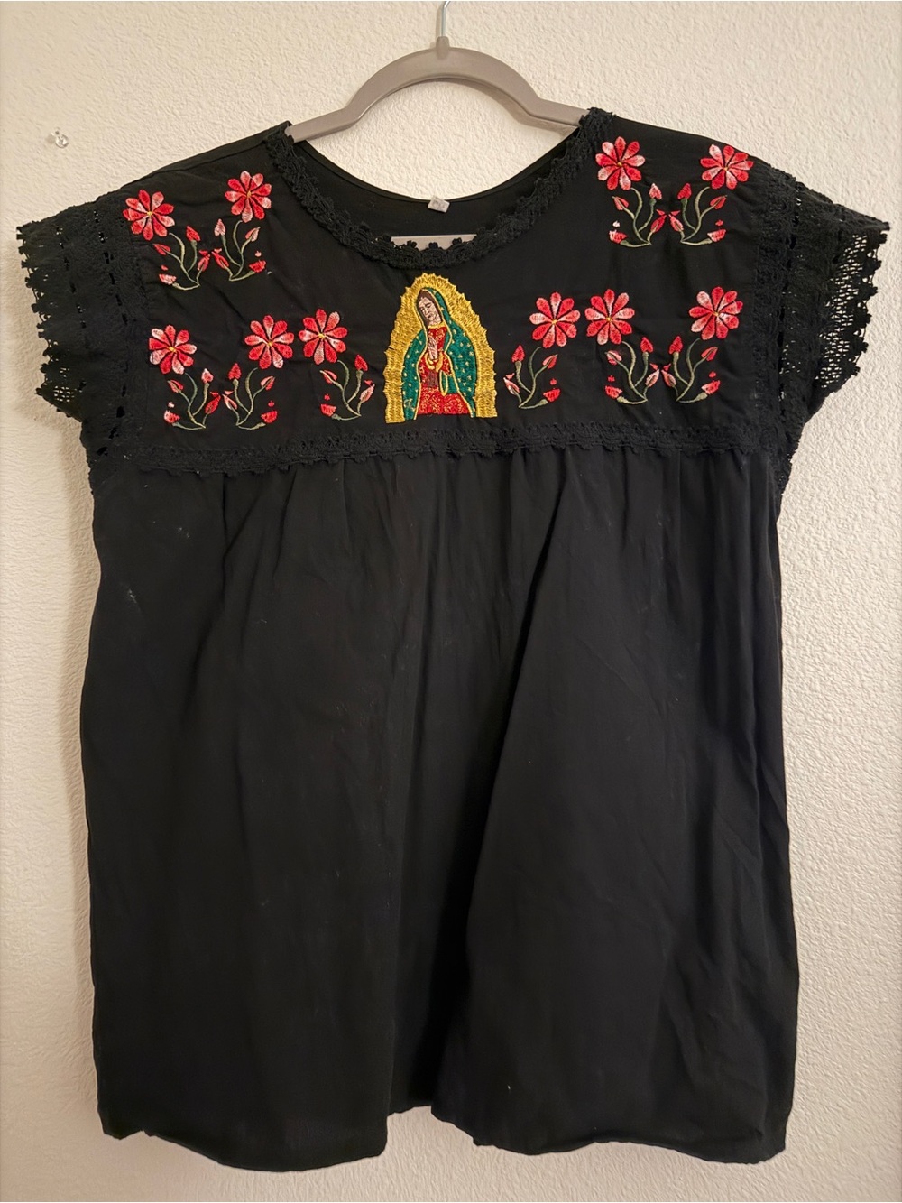 Girls' Black Embroidered Floral Dress with Virgin Mary Motif